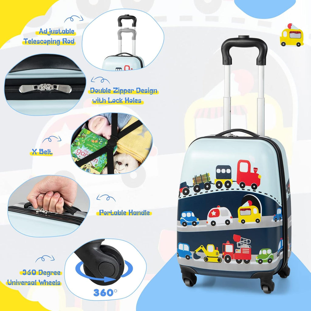 Ensemble de bagages rigides pour enfants en 2 pièces et sac à dos avec roues à 360° – Hélicoptère