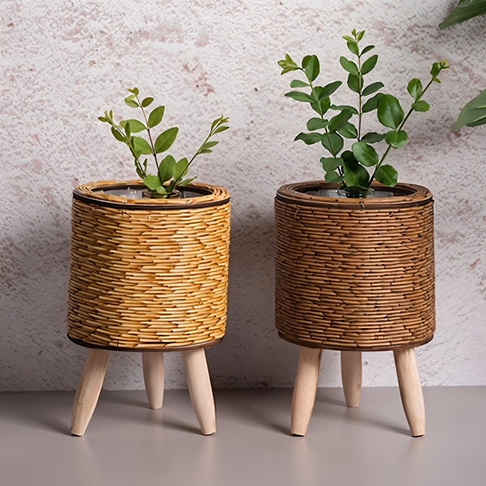 Pot en imitation rotin, panier décoratif pour fleurs