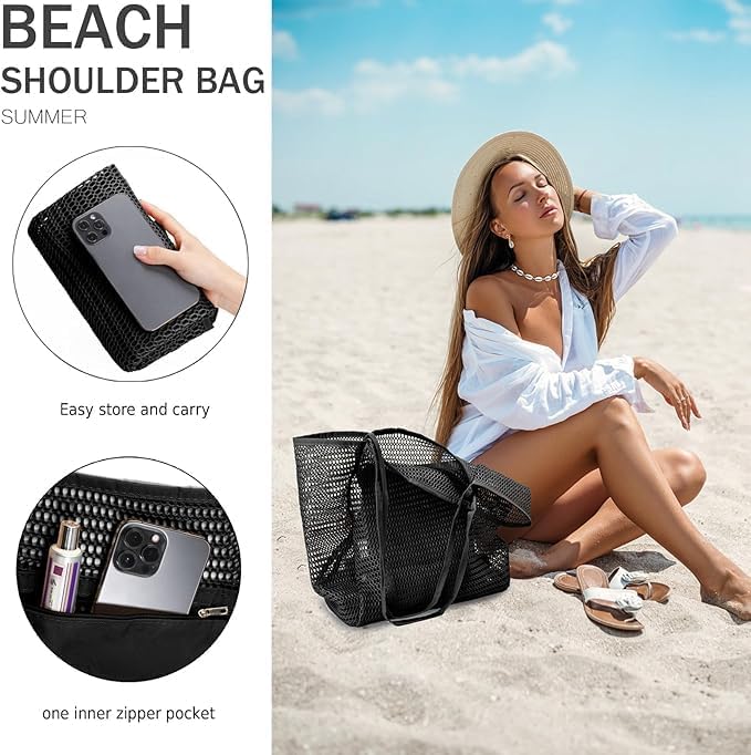 Sac de Plage en Maille Pliable avec Poche Intérieure