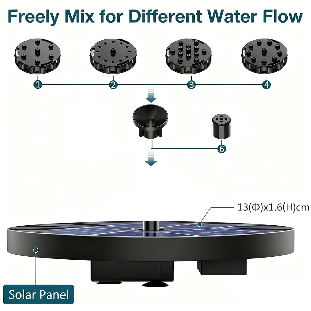 Fontaine solaire pour étang et bain d'oiseaux | 100 % alimentée par énergie solaire, design flottant | Plusieurs buses de pulvérisation + éclairage coloré optionnel