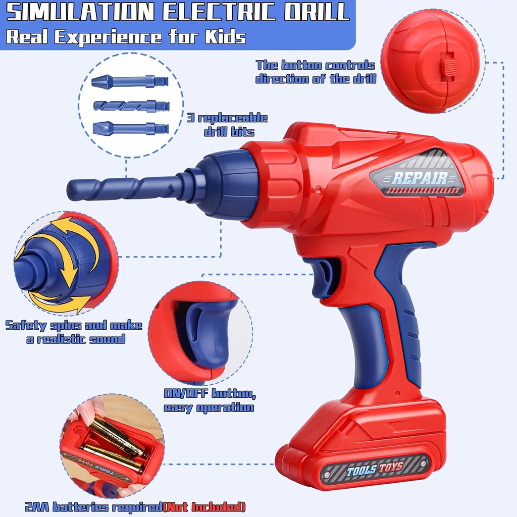Ensemble d'outils de 48 pièces pour enfants – Avec perceuse électrique, casque de sécurité et sac de rangement