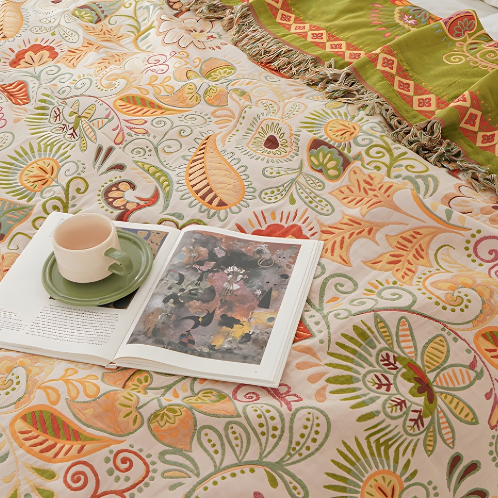 Couverture réversible en coton Boho Feuille d'Automne