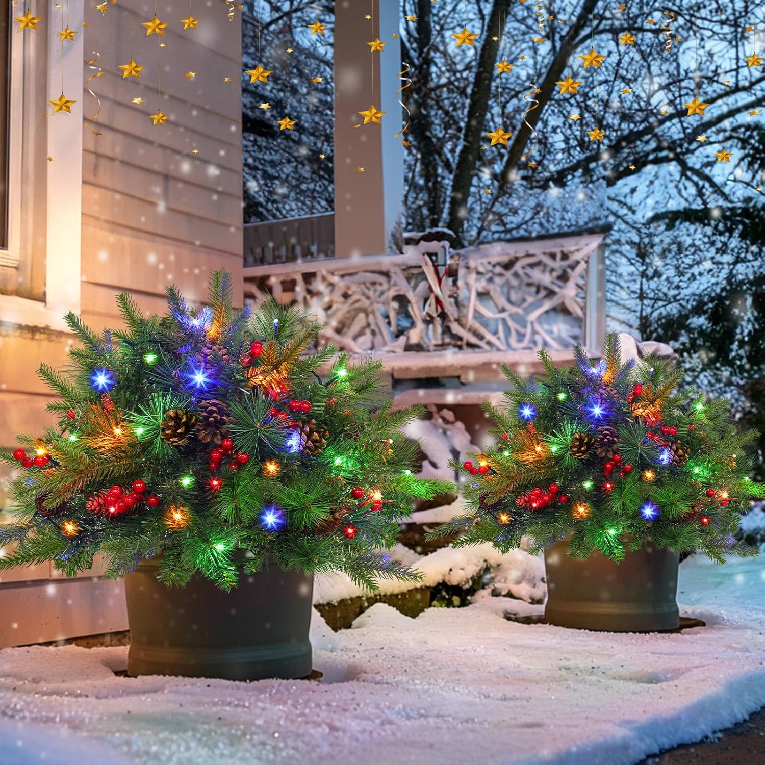 Décoration de urne de Noël avec lumières LED | Branches de sapin réalistes & baies | Intérieur et extérieur