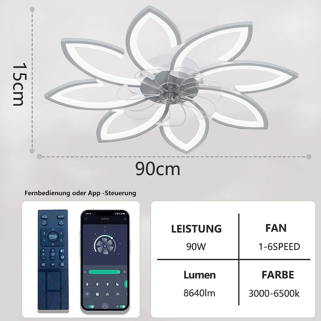 Ventilateur de plafond LED moderne avec motif floral et télécommande