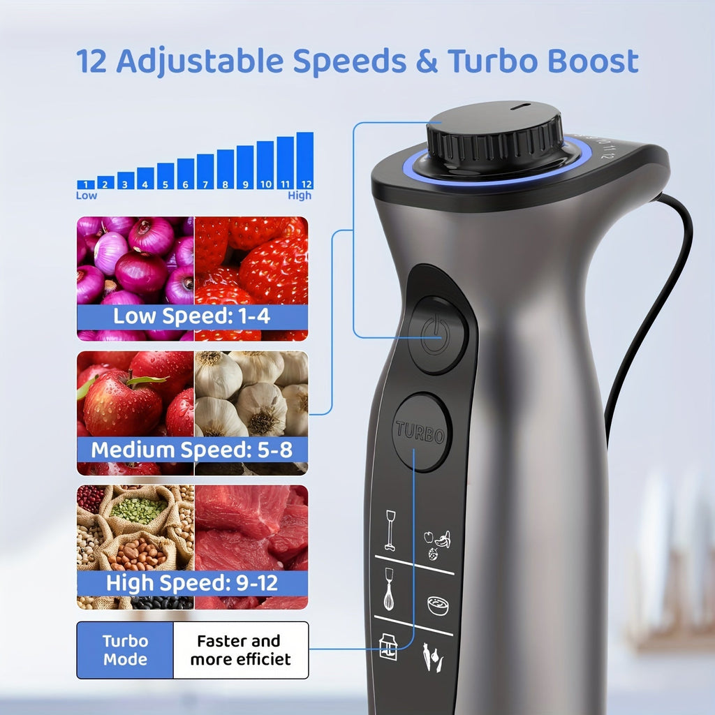 Skanto | Mixeur à main 1000W – Portable, Puissant, Résistant aux rayures, Vitesse variable et Mode Turbo, Silencieux, Comprend un verre doseur, un hachoir, un fouet, un mousseur à lait