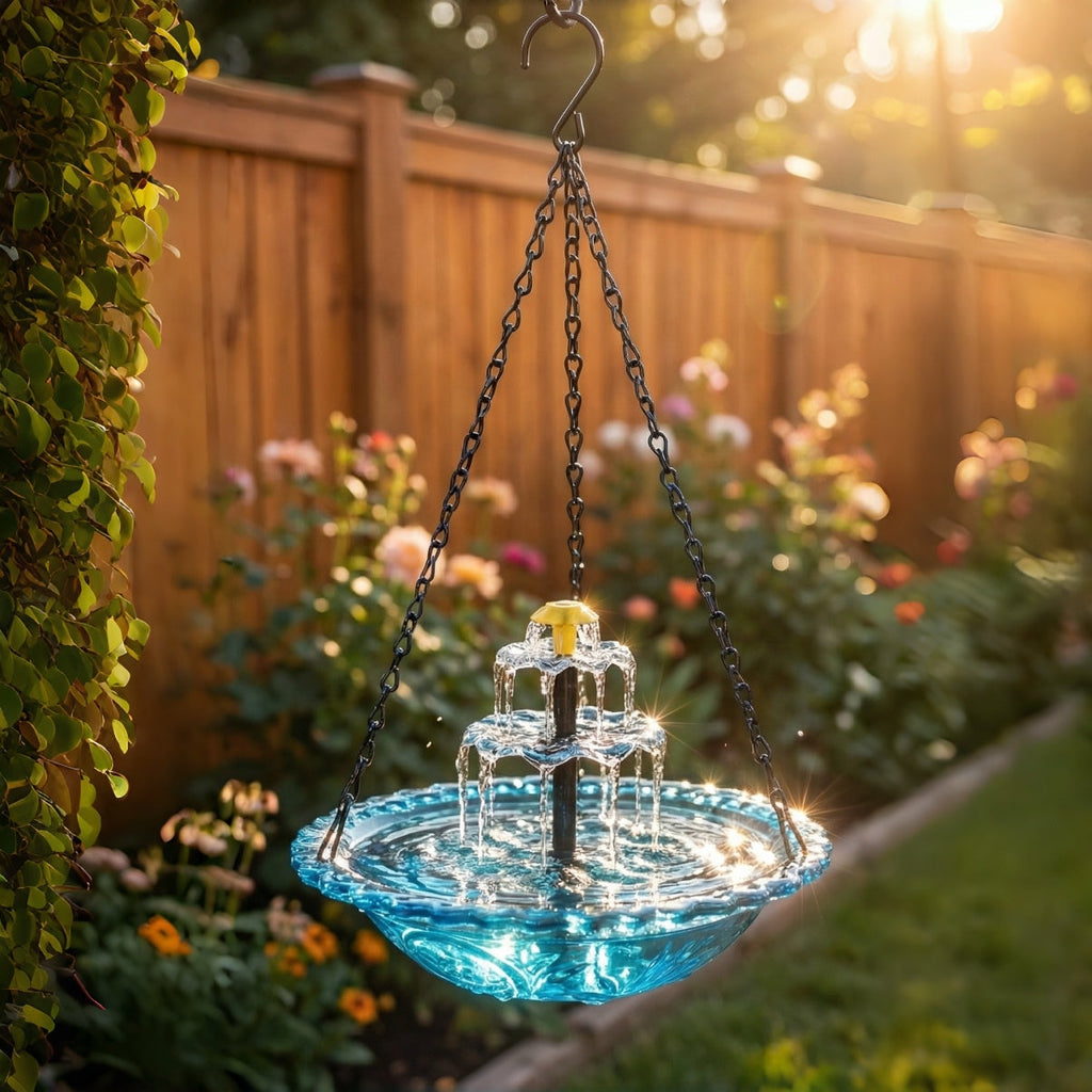 AquaBloom™ | Fontaine suspendue solaire – Abreuvoir pour oiseaux avec jeu d'eau à 2 niveaux