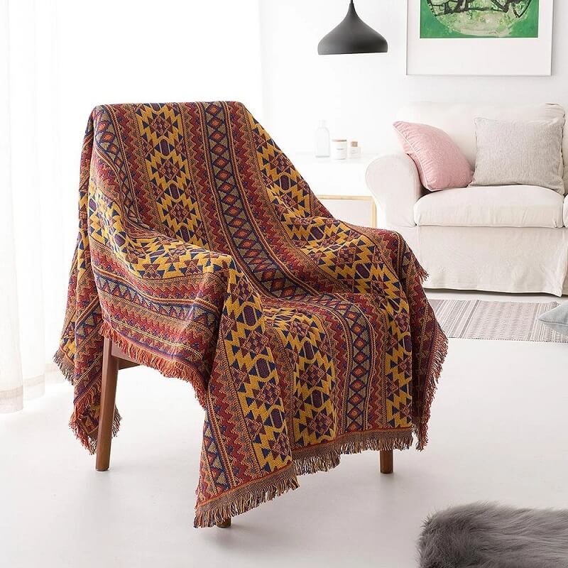 Couverture en Tricot avec Franges Bohémiennes pour Canapé