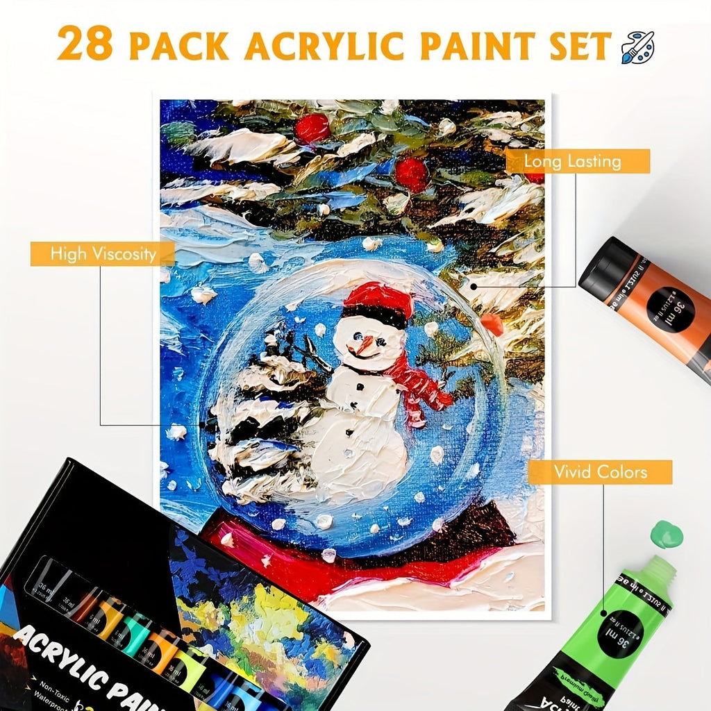 Set de Peinture Acrylique – 28 Pièces, Comprend 18 Couleurs de Peinture Acrylique et 10 Pinceaux