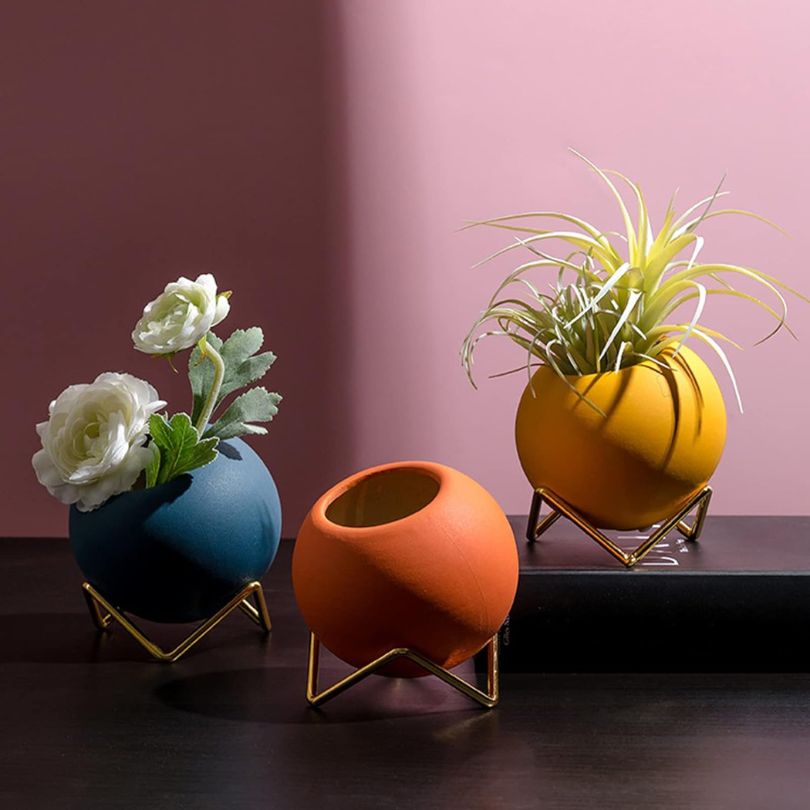 Pot de fleurs en céramique avec support en métal style nordique 10,5 cm