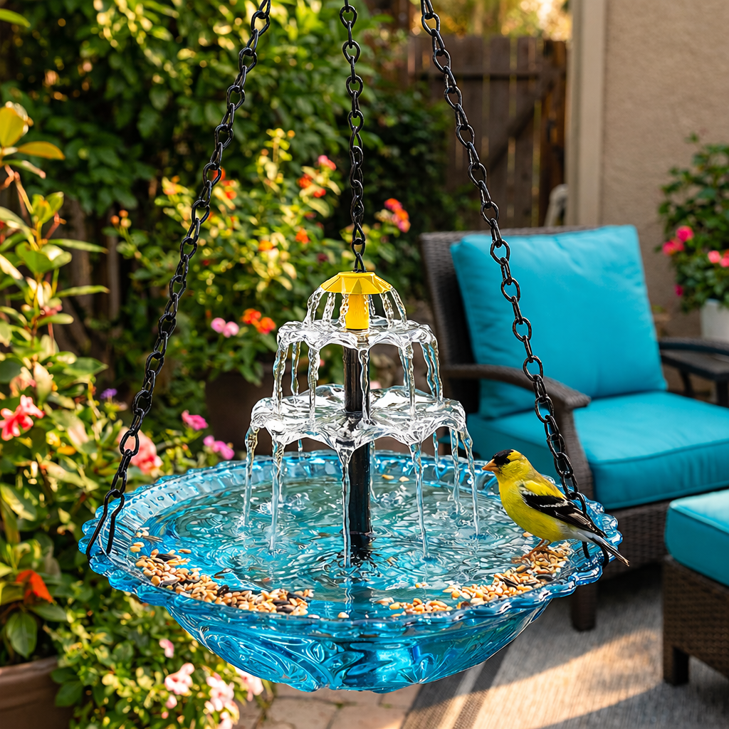 AquaBloom™ | Fontaine suspendue solaire – Abreuvoir pour oiseaux avec jeu d'eau à 2 niveaux