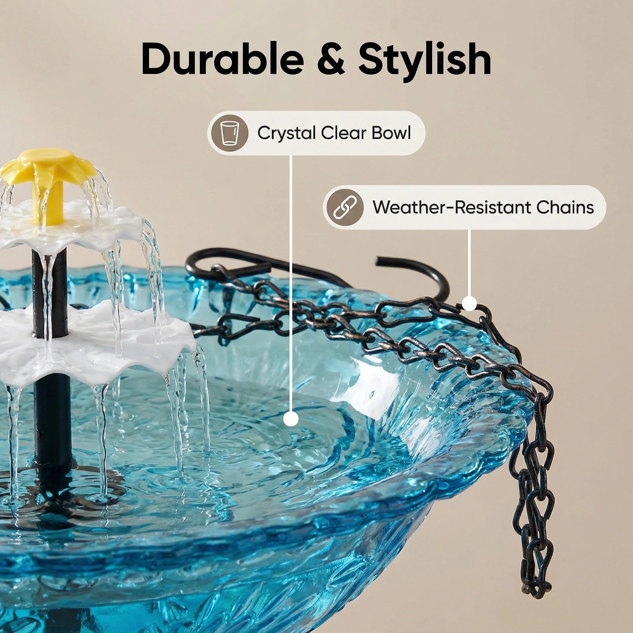 AquaBloom™ | Fontaine suspendue solaire – Abreuvoir pour oiseaux avec jeu d'eau à 2 niveaux