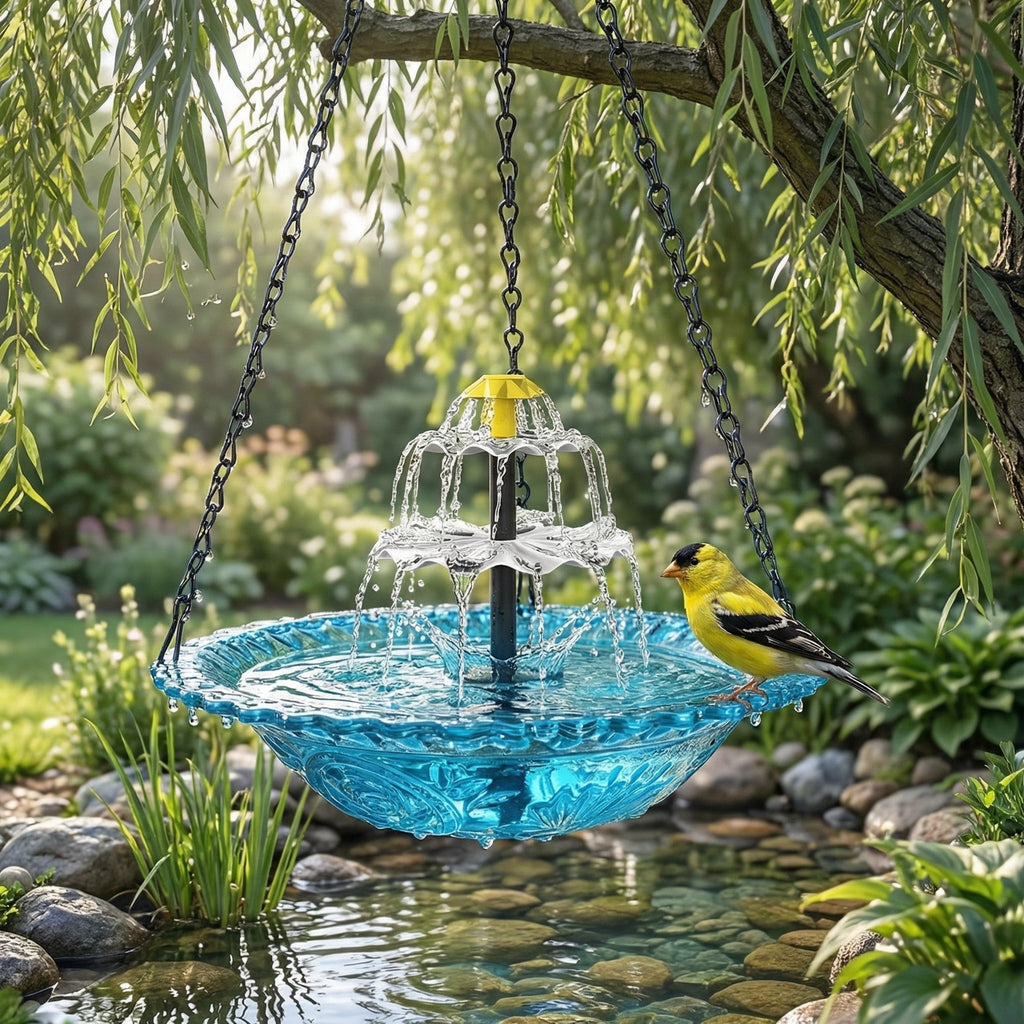 AquaBloom™ | Fontaine suspendue solaire – Abreuvoir pour oiseaux avec jeu d'eau à 2 niveaux