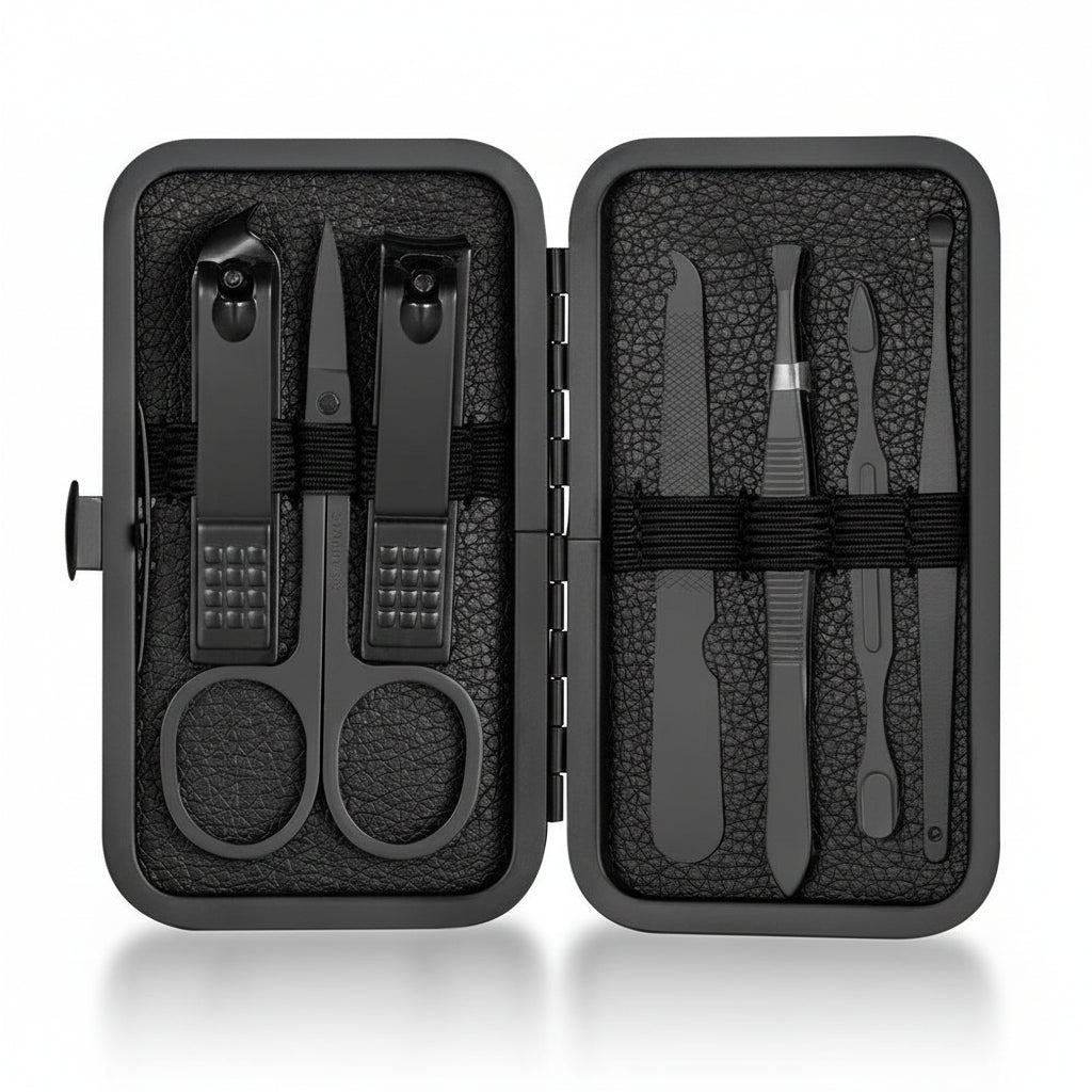 GROOMIX - Ensemble de soins des ongles classique noir de 15 pièces pour les mains, les pieds et le visage - Outils en acier inoxydable