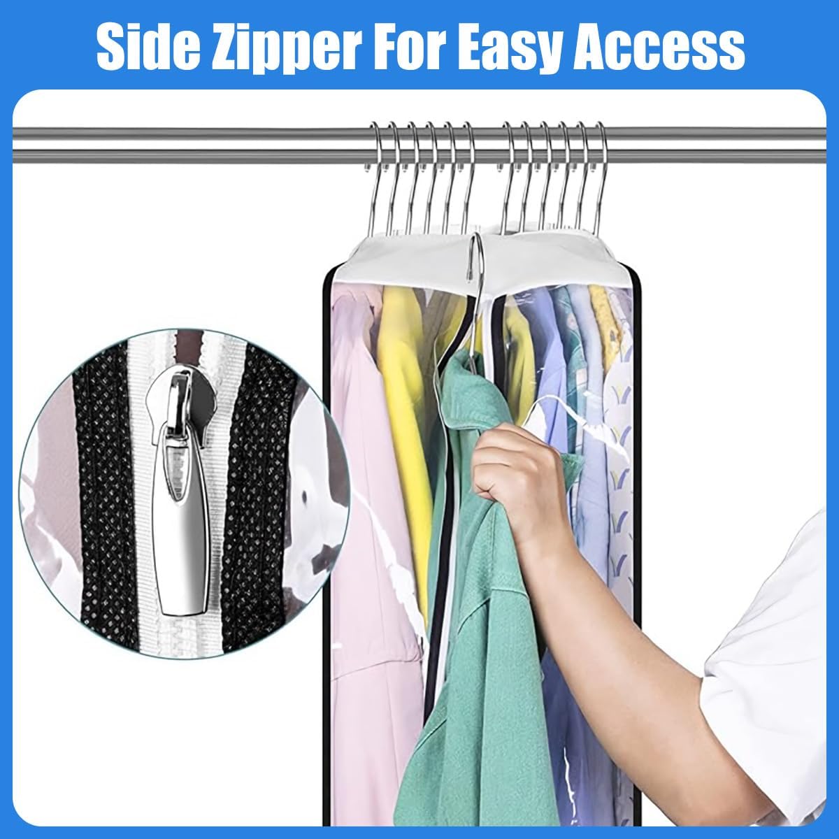 Housses de Vêtements Transparentes avec Inserts – Paquet de 6 Housses de Rangement à Fermeture Éclair Latérale