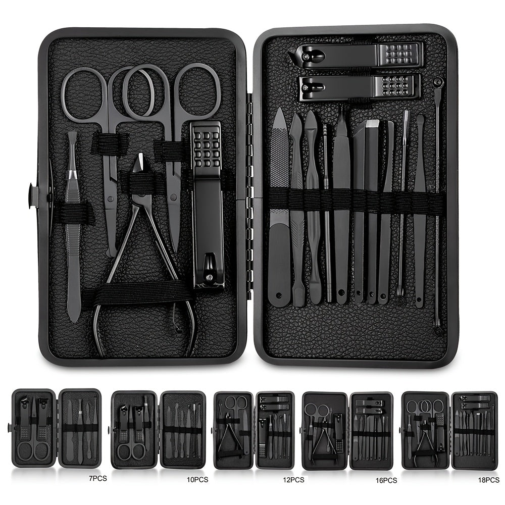 GROOMIX - Ensemble de soins des ongles classique noir de 15 pièces pour les mains, les pieds et le visage - Outils en acier inoxydable