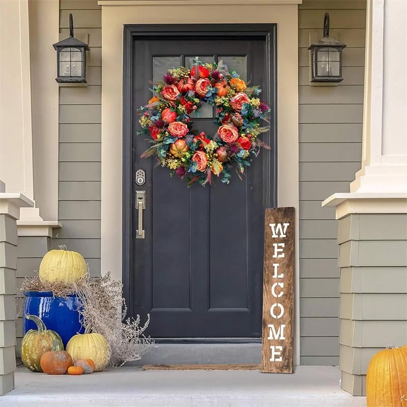 Couronne de porte automne | Fait main | Design Pivoines & Citrouille | Pour intérieur & extérieur