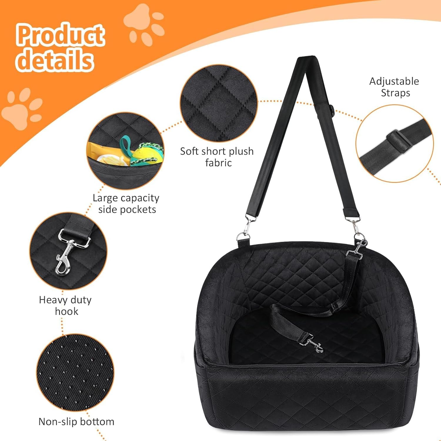 Siège pour chien avec ceinture de sécurité et compartiments de rangement