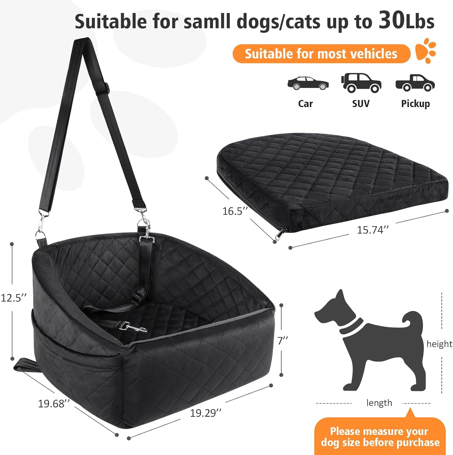 Siège pour chien avec ceinture de sécurité et compartiments de rangement