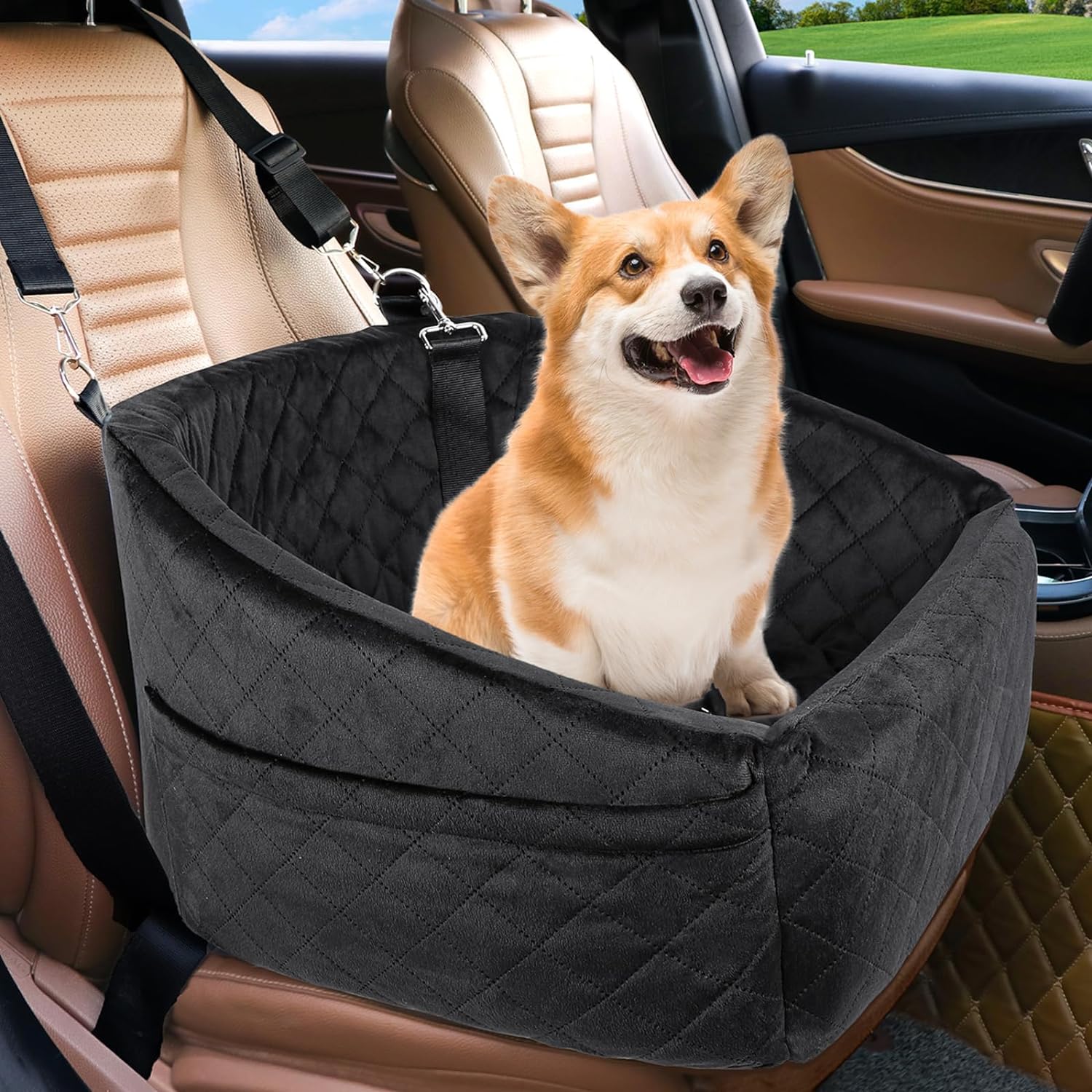 Siège pour chien avec ceinture de sécurité et compartiments de rangement
