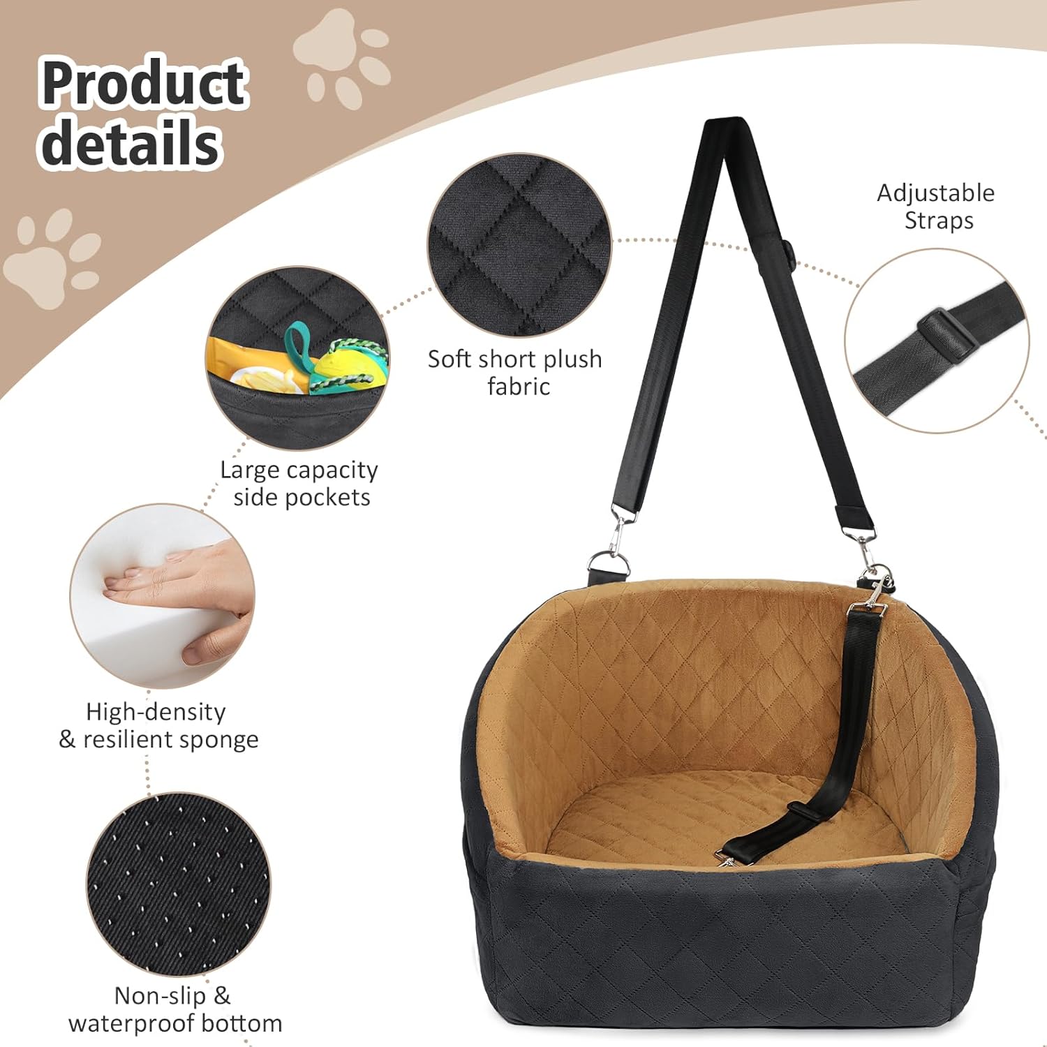Siège pour chien avec ceinture de sécurité et compartiments de rangement