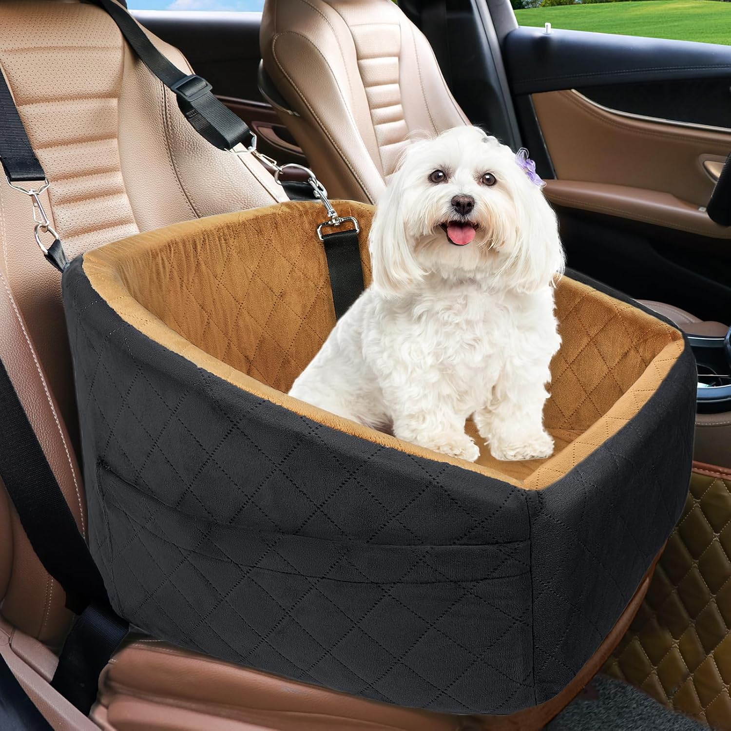 Siège pour chien avec ceinture de sécurité et compartiments de rangement