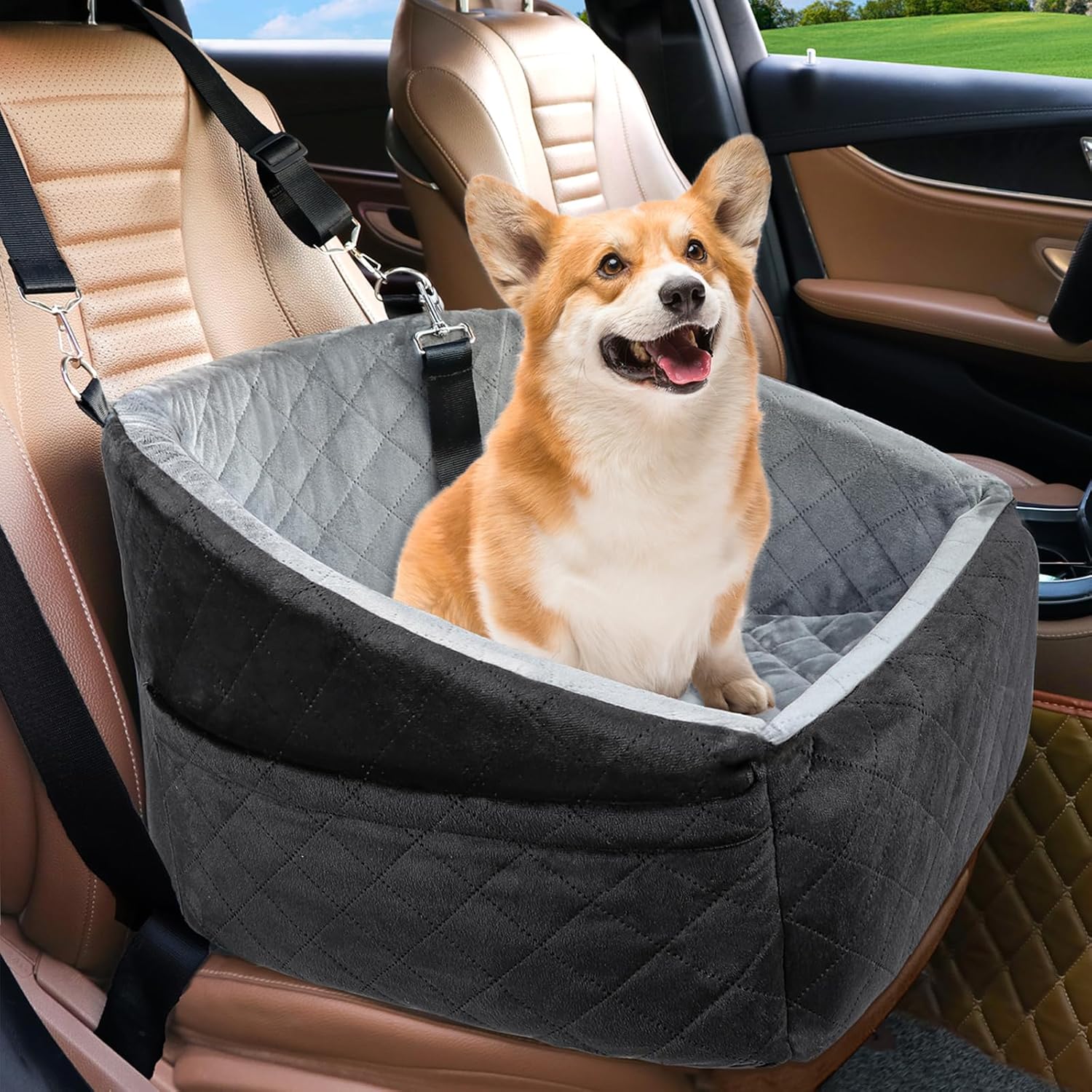 Siège pour chien avec ceinture de sécurité et compartiments de rangement