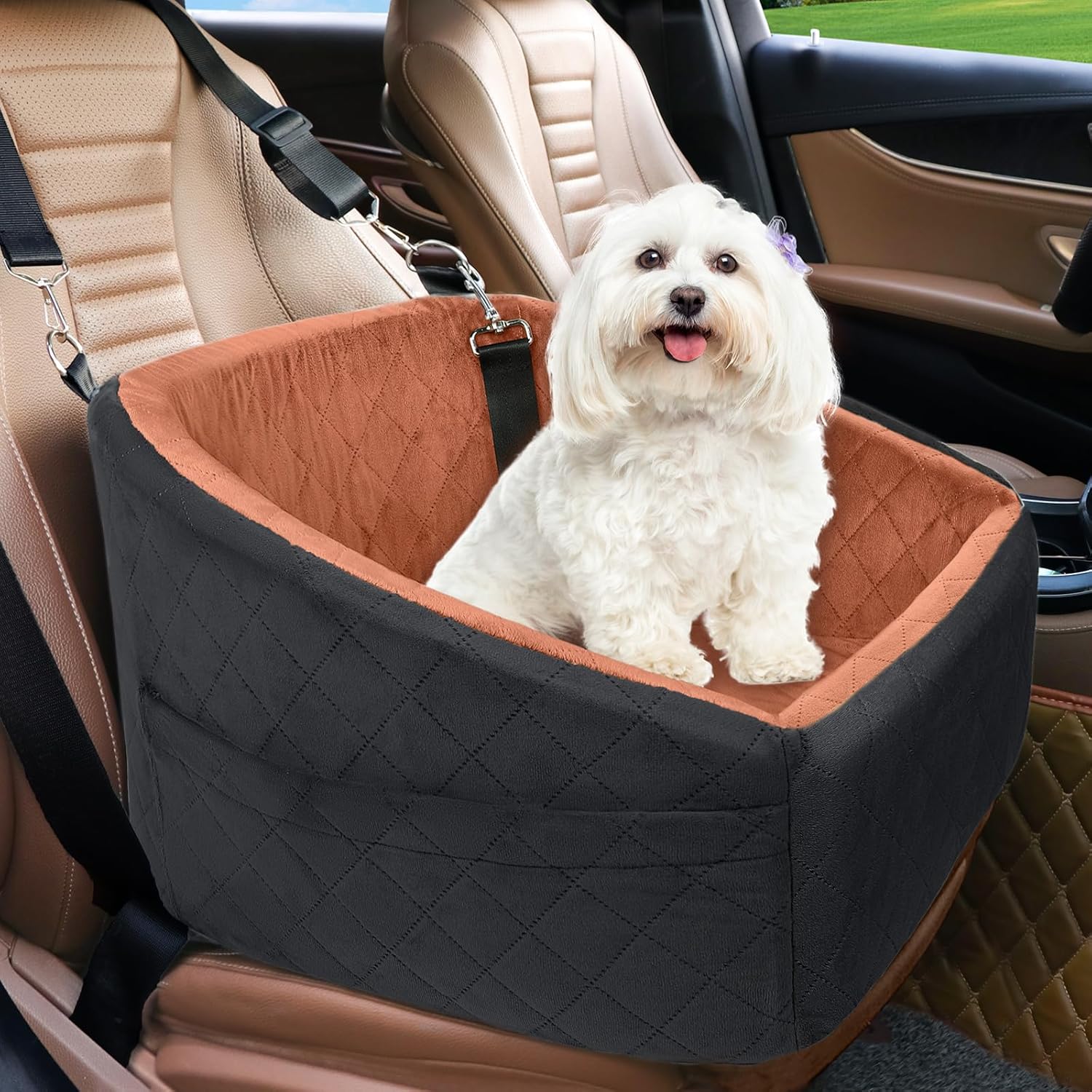 Siège pour chien avec ceinture de sécurité et compartiments de rangement