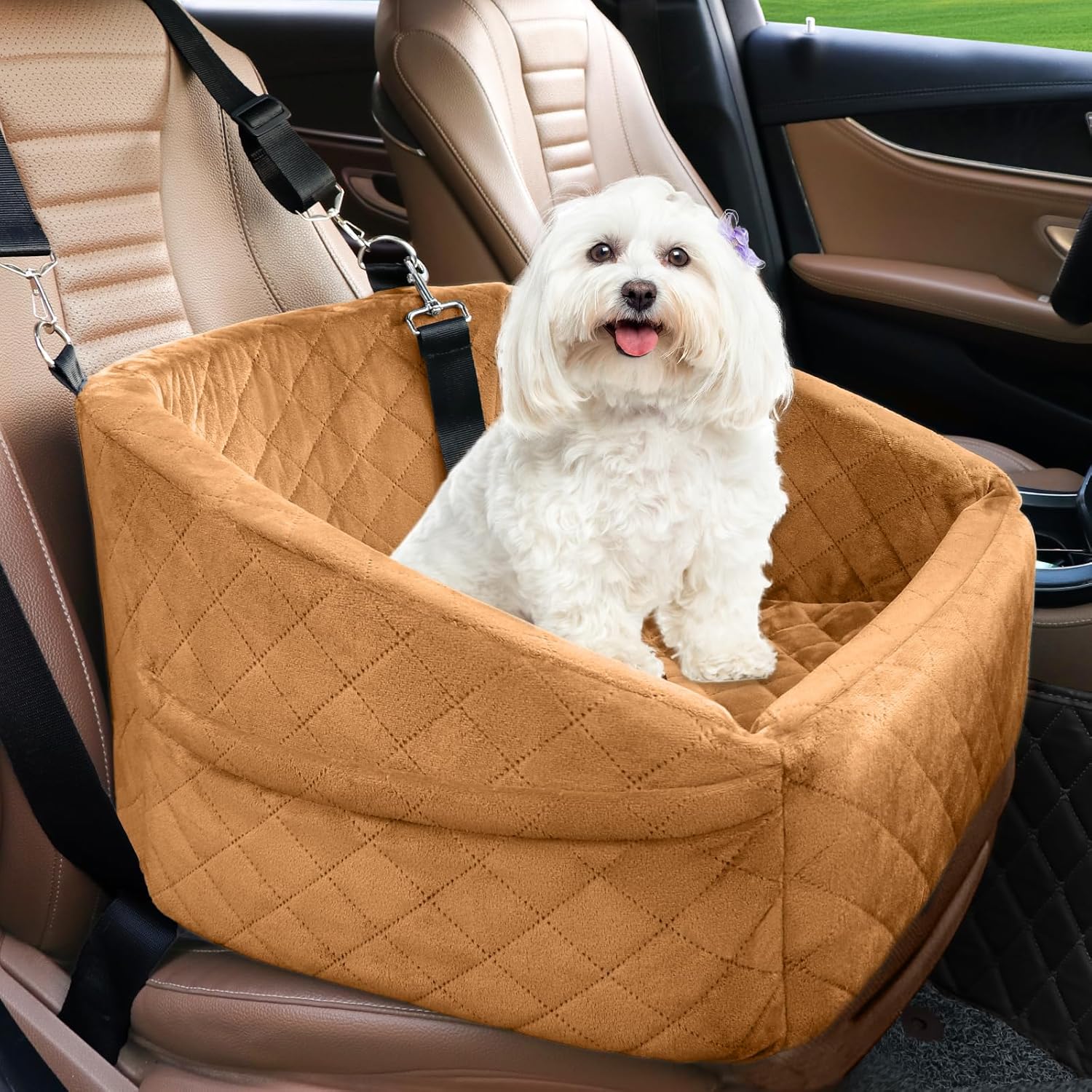 Siège pour chien avec ceinture de sécurité et compartiments de rangement