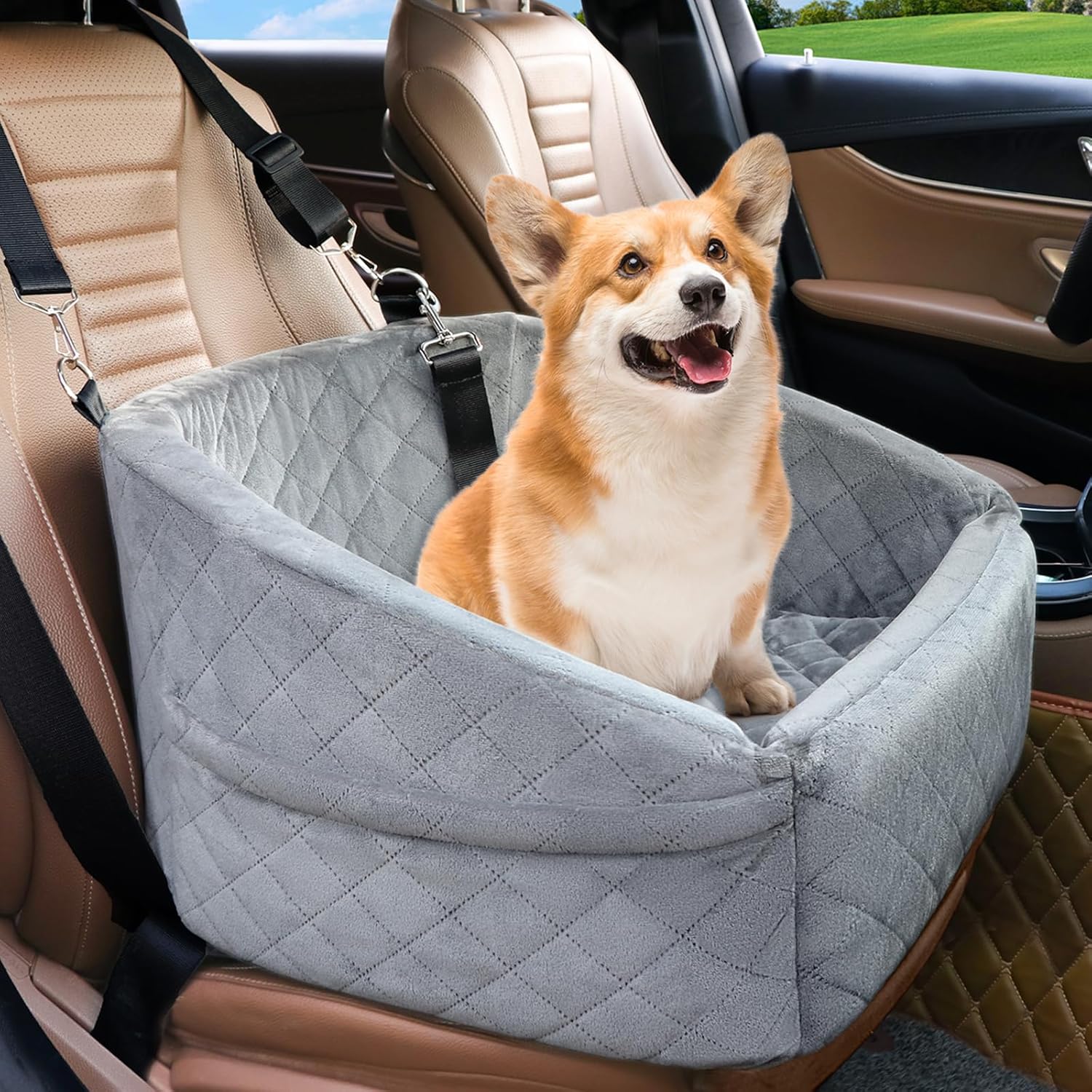 Siège pour chien avec ceinture de sécurité et compartiments de rangement