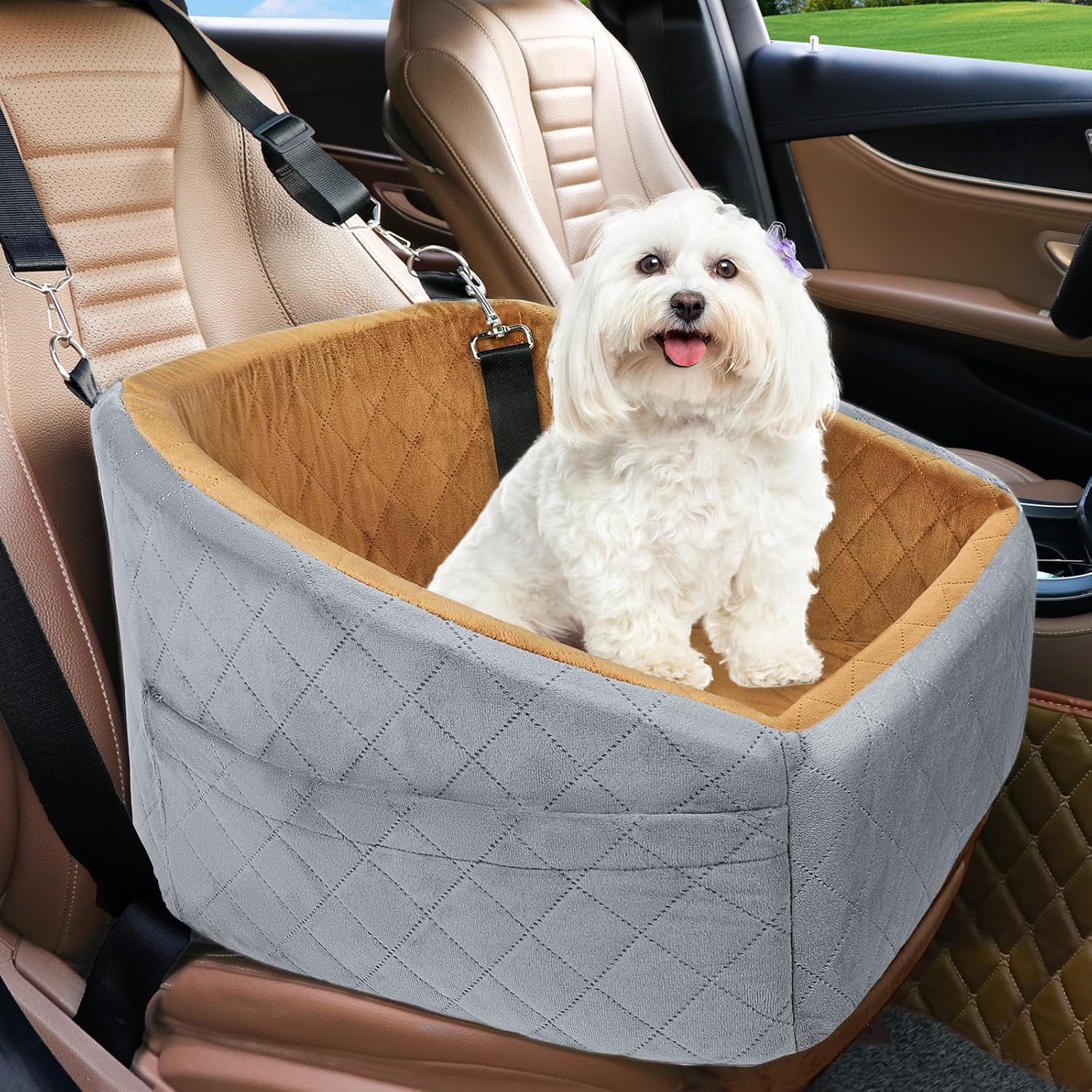 Siège pour chien avec ceinture de sécurité et compartiments de rangement
