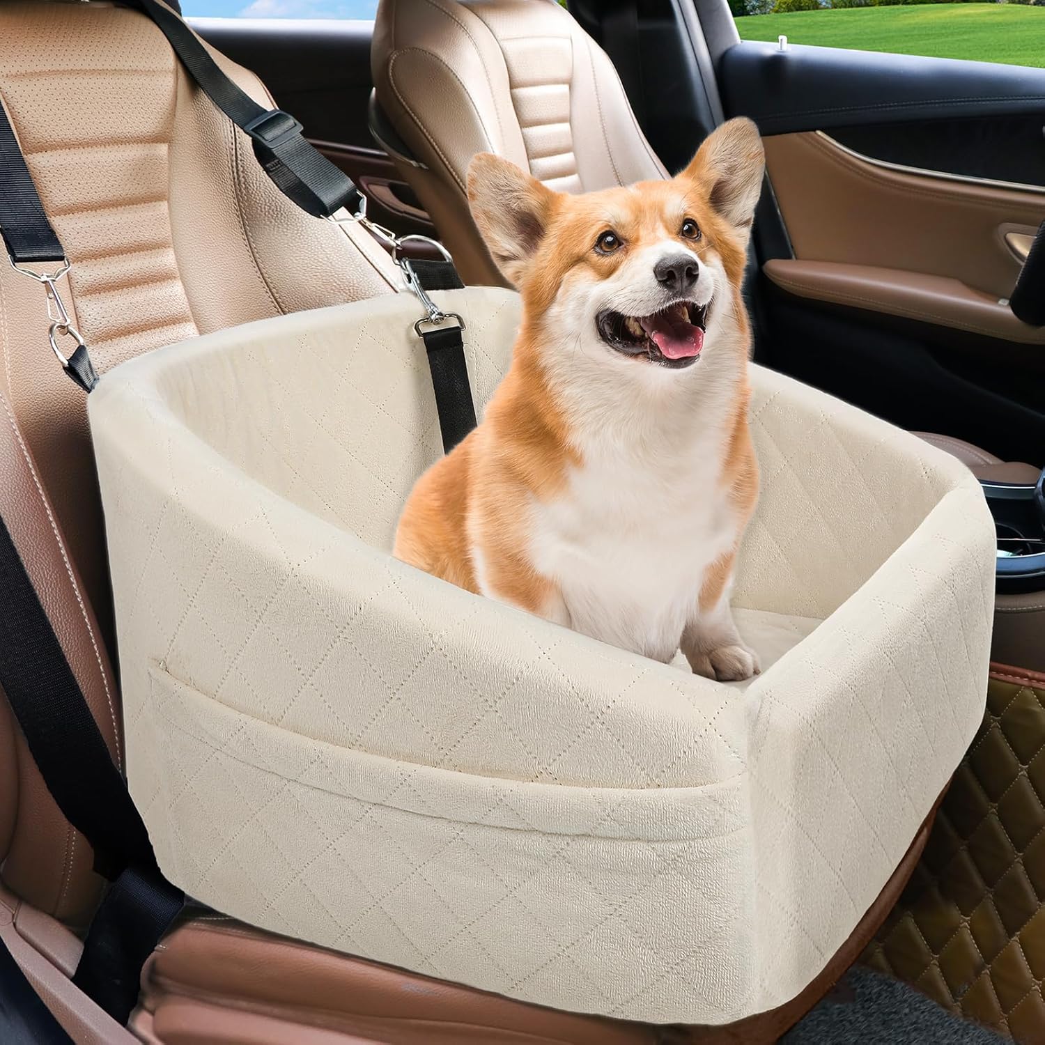 Siège pour chien avec ceinture de sécurité et compartiments de rangement