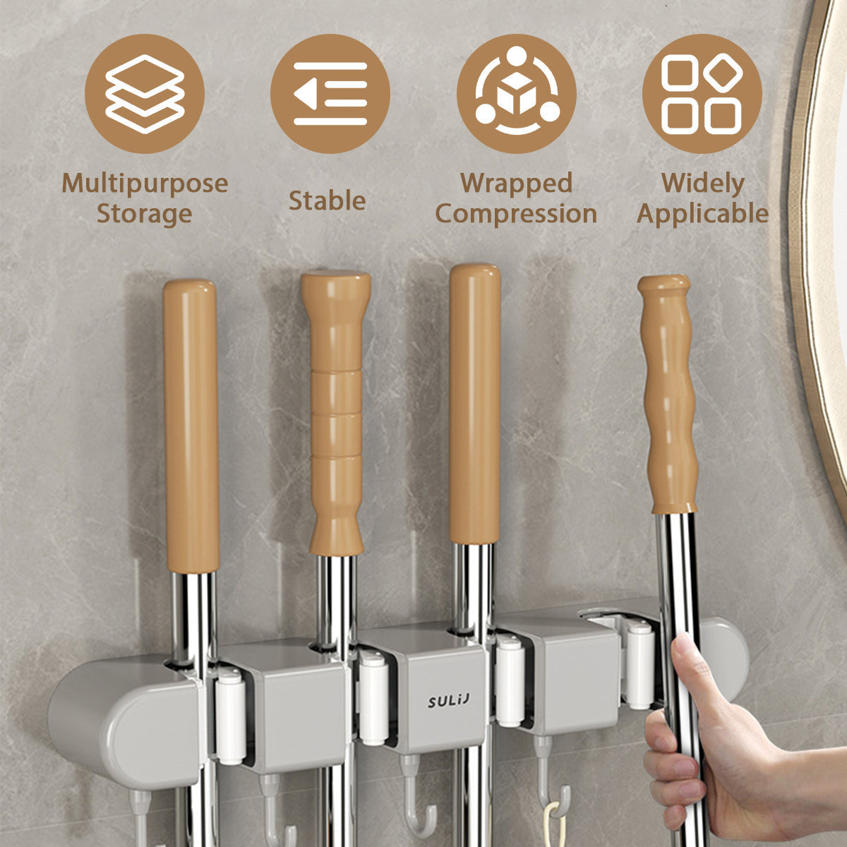 Support mural pour balais, mops et outils