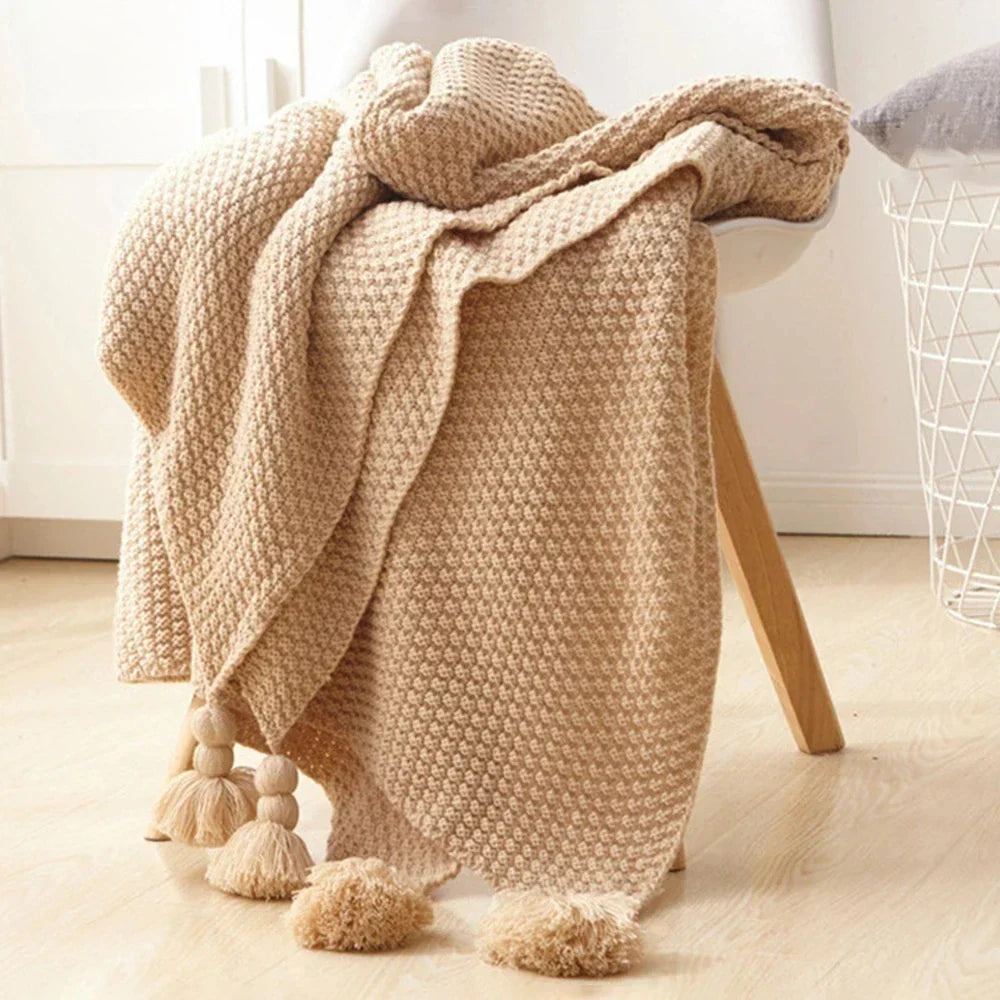 Couverture en laine tricotée avec franges - NordicCozy
