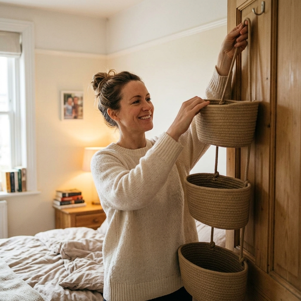 Panier de Rangement Suspendu en Coton 3 Niveaux pour Porte