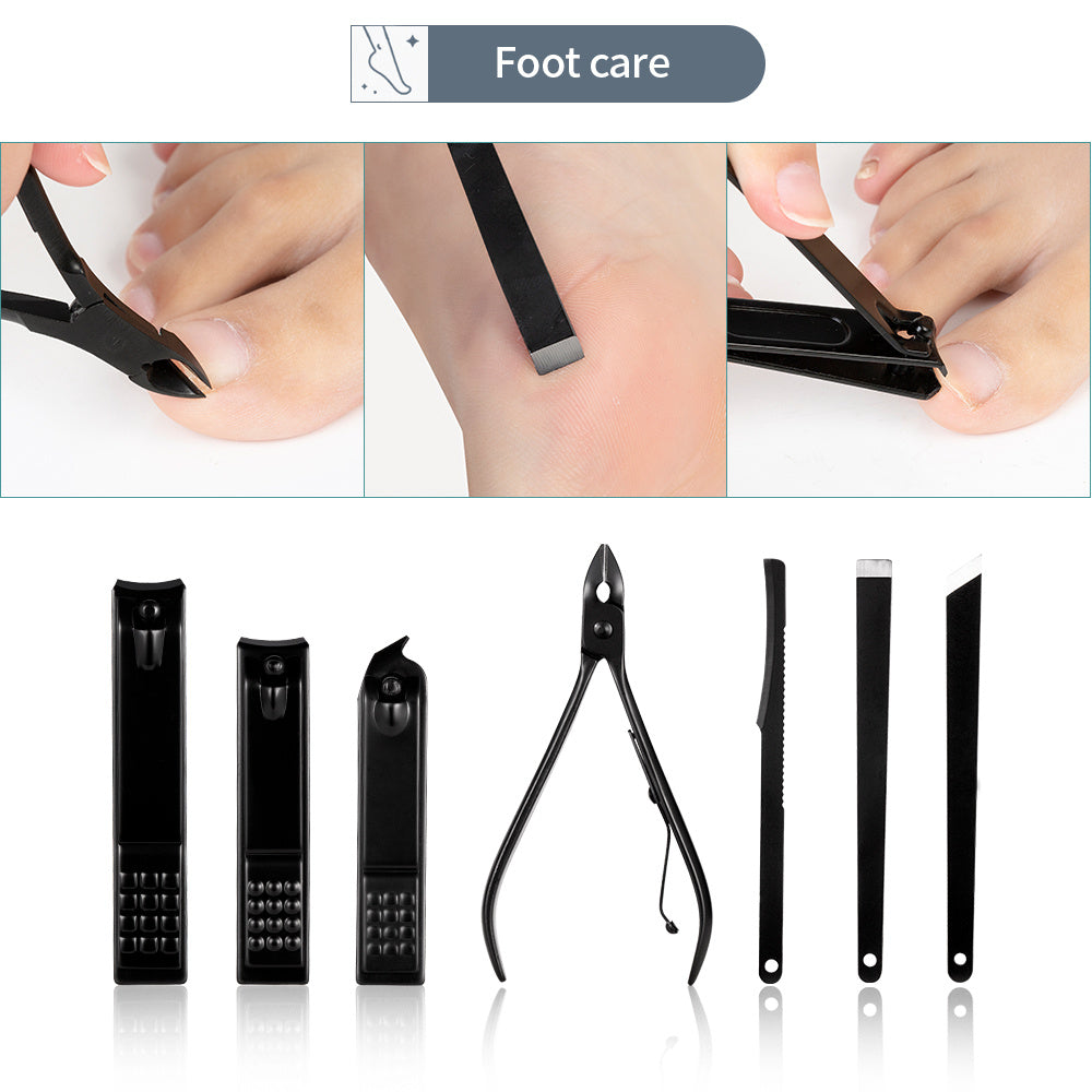 GROOMIX - Ensemble de soins des ongles classique noir de 15 pièces pour les mains, les pieds et le visage - Outils en acier inoxydable