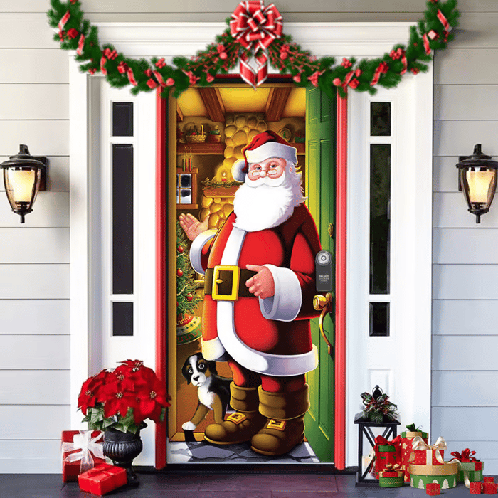 Décoration de porte de Noël avec le Père Noël | Couverture de porte en tissu | Montage rapide & réutilisable