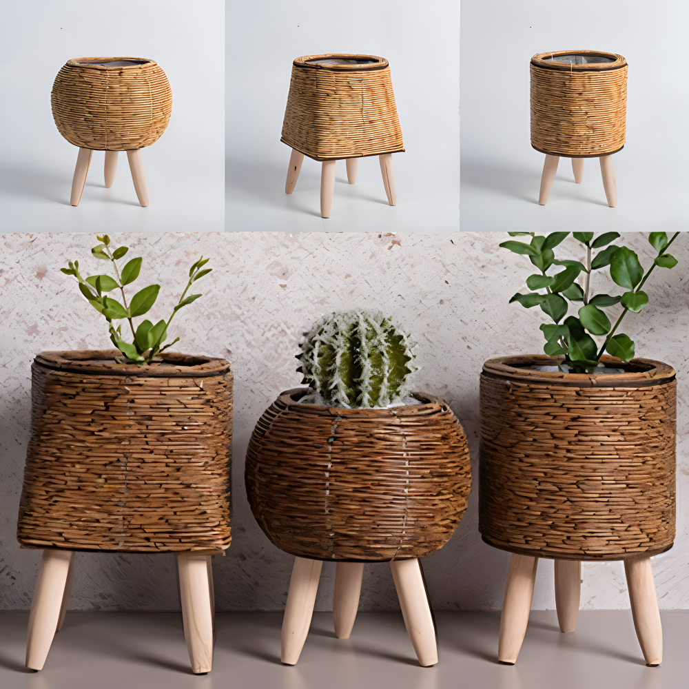 Pot en imitation rotin, panier décoratif pour fleurs