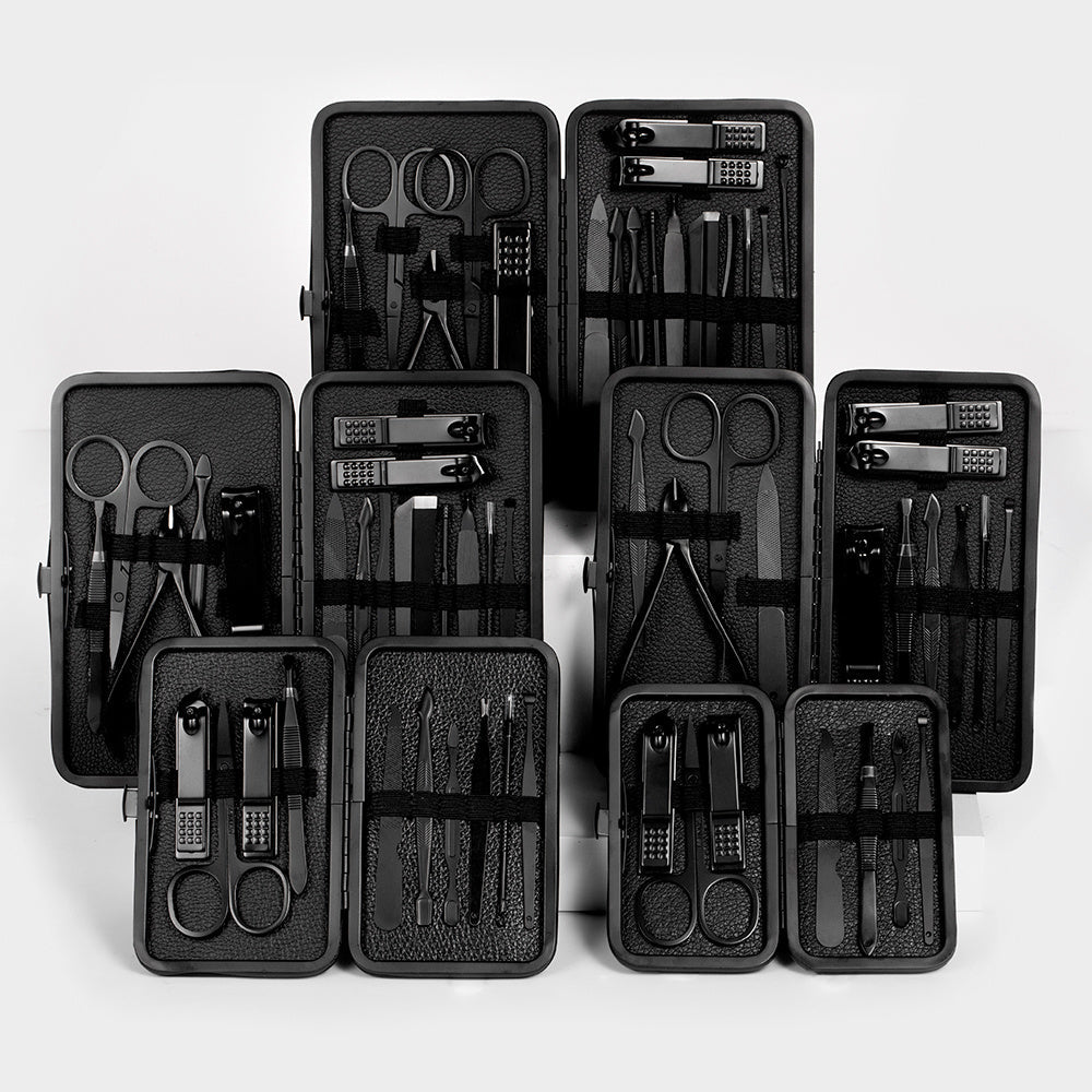 GROOMIX - Ensemble de soins des ongles classique noir de 15 pièces pour les mains, les pieds et le visage - Outils en acier inoxydable