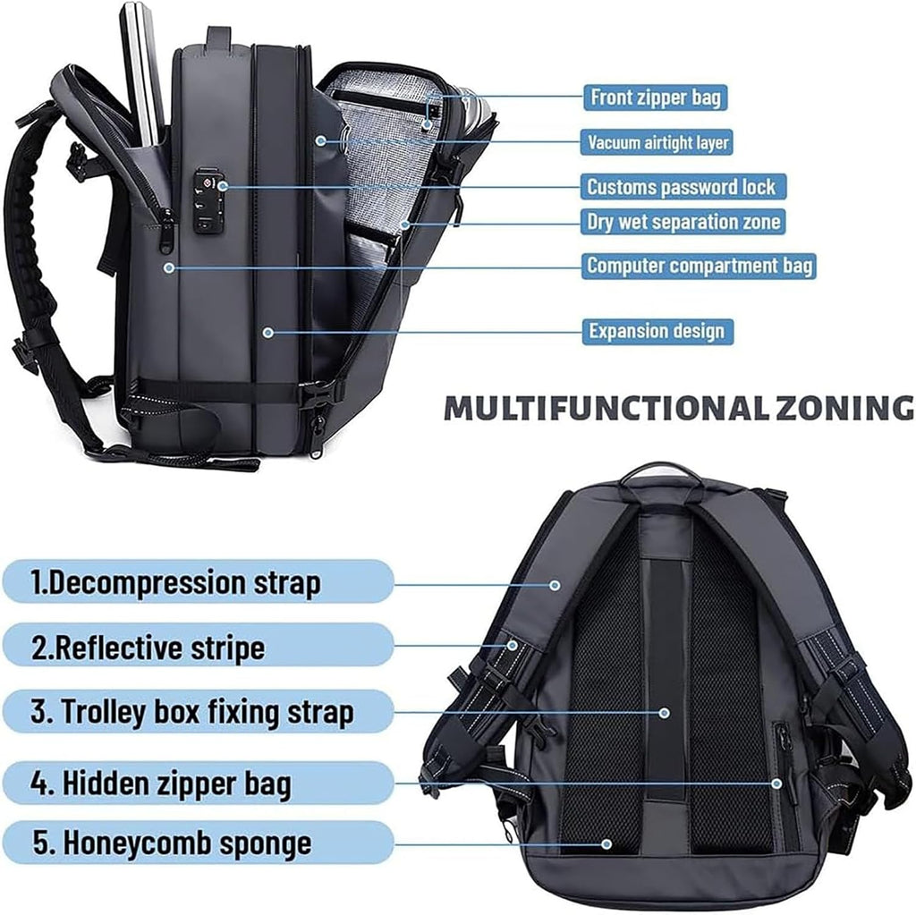 Sac à dos de voyage extensible avec fonction de compression, sécurité anti-vol et compartiment humide