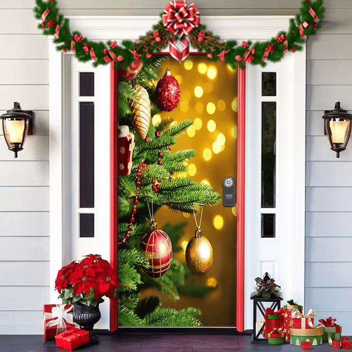 Décoration de porte de Noël avec le Père Noël | Couverture de porte en tissu | Montage rapide & réutilisable