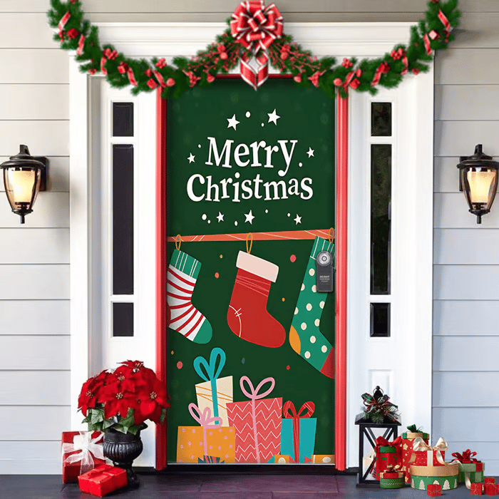 Décoration de porte de Noël avec le Père Noël | Couverture de porte en tissu | Montage rapide & réutilisable