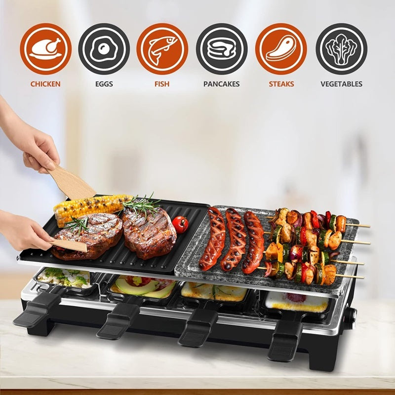 Grill électrique 2-en-1 avec poêlons à raclette et revêtement antiadhésif