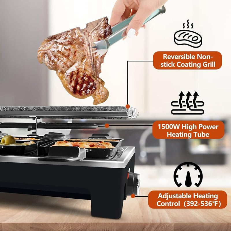 Grill électrique 2-en-1 avec poêlons à raclette et revêtement antiadhésif