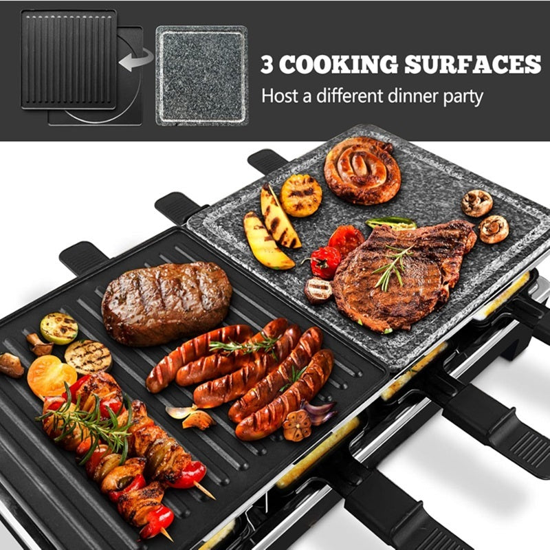 Grill électrique 2-en-1 avec poêlons à raclette et revêtement antiadhésif
