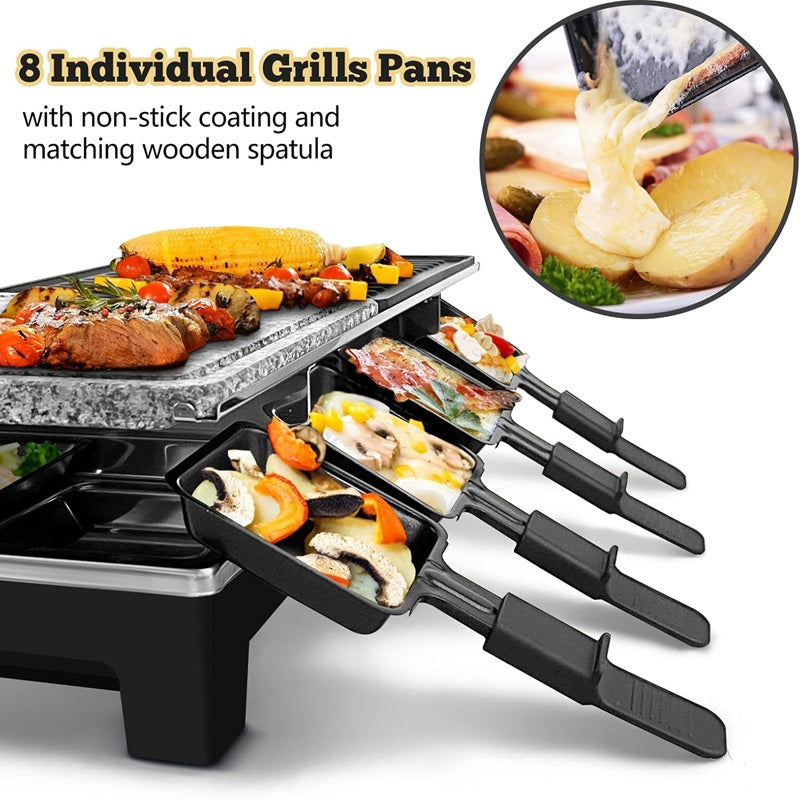 Grill électrique 2-en-1 avec poêlons à raclette et revêtement antiadhésif