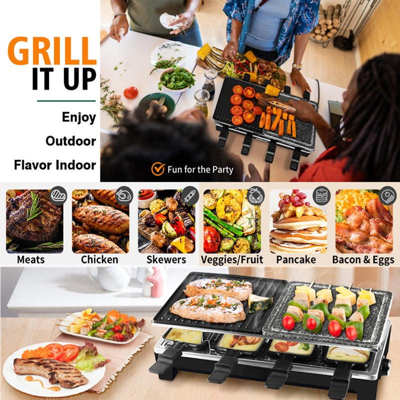 Grill électrique 2-en-1 avec poêlons à raclette et revêtement antiadhésif