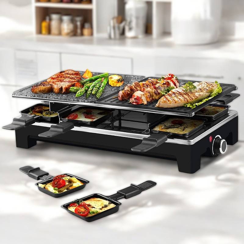 Grill électrique 2-en-1 avec poêlons à raclette et revêtement antiadhésif
