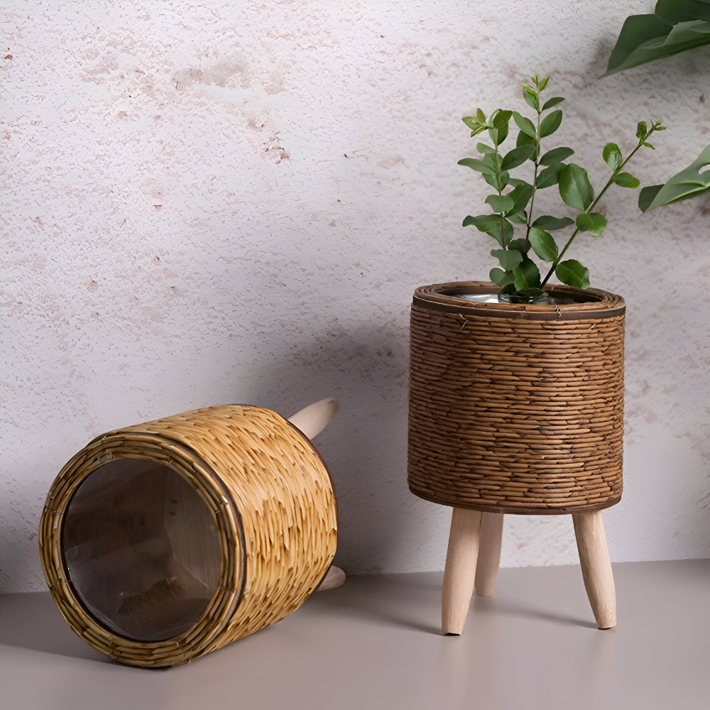 Pot en imitation rotin, panier décoratif pour fleurs