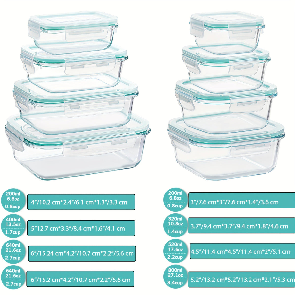 Pack de 8 Contenants Alimentaires en Verre – Boîtes Bento hermétiques pour Meal Prep avec Couvercles étanches, Résistantes au Micro-ondes, Four, Congélateur et Lave-vaisselle, Sans BPA