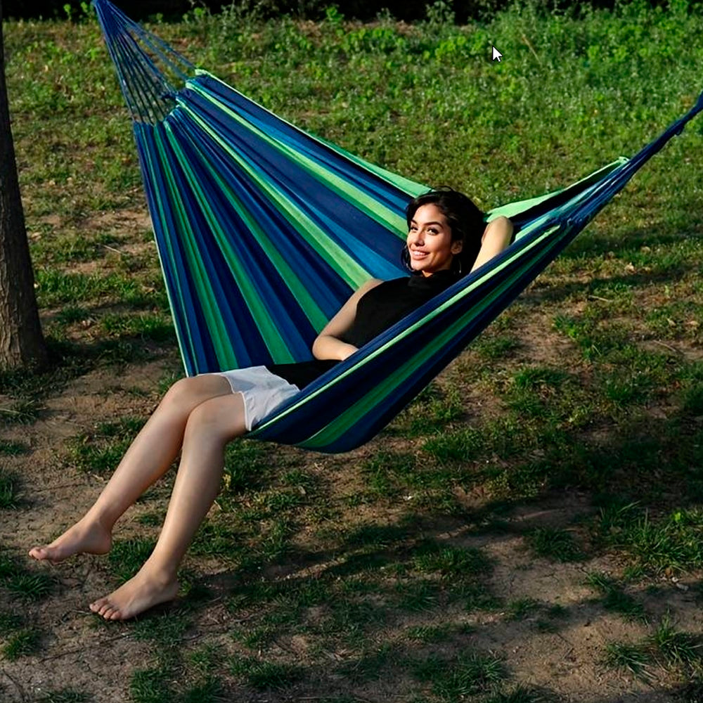 Hamac de camping en coton rayé bleu